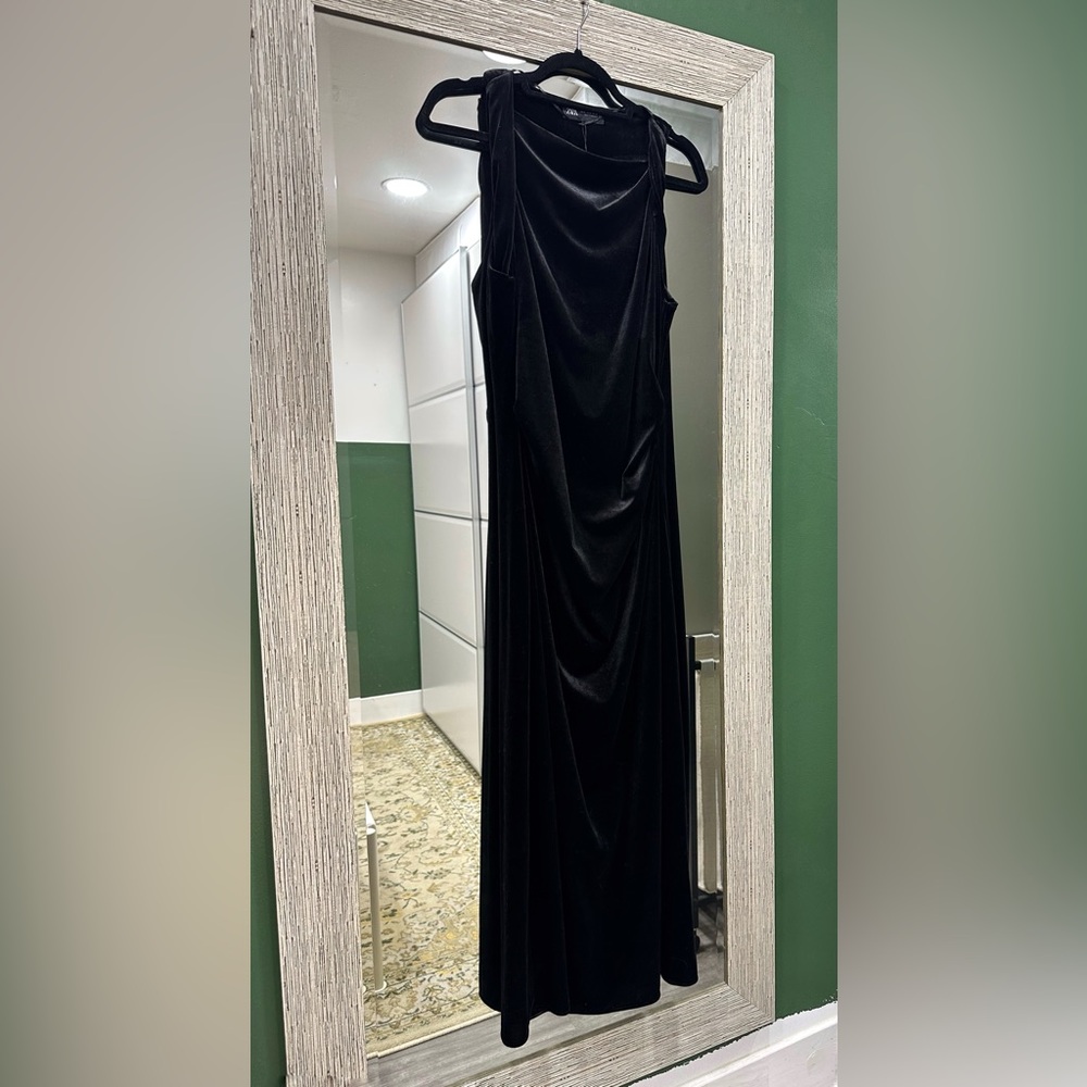 Black Velvet Draped Zara Dress, with Grecian Inspired Twist Neckline